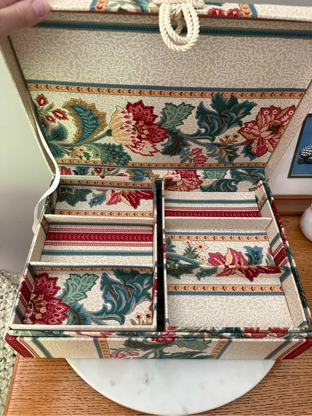 Vintage Rosenthal Fabric covered jewelry boxes photo storage rope detail floral